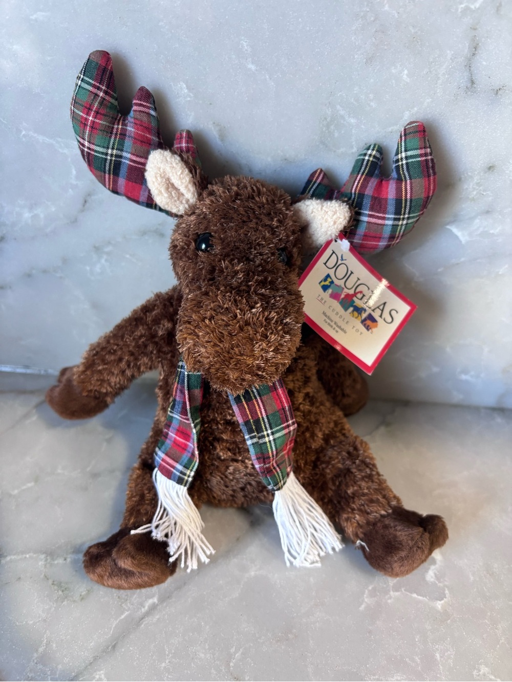 Douglas Brown Plush Moose with Red Plaid Antlers and Scarf